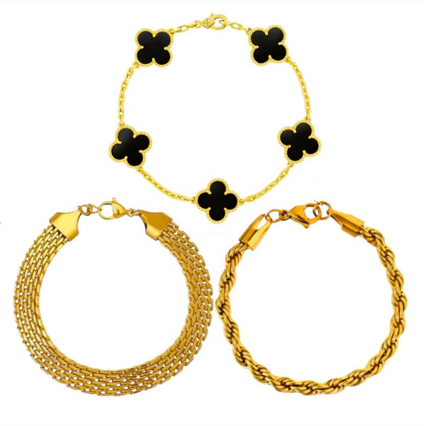 (Pack of 3)Gold Plated Bracelets – Clover, Rope & Mesh | IndusNoor