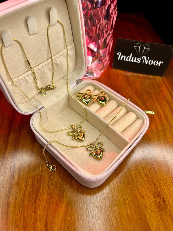 Premium Quality Stainless Steel 18k Golden Heart x Bow Luxury 3pc Set.