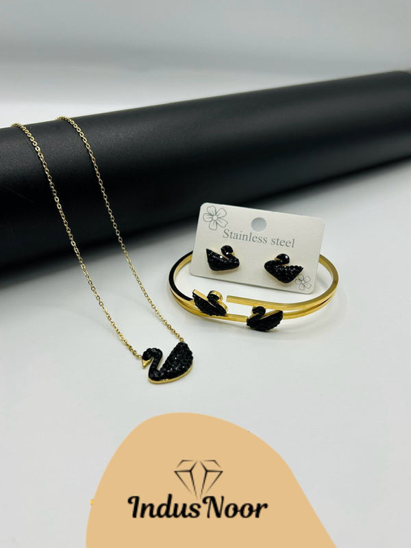 Stainless Swan Bangle, Earring And Necklace Set